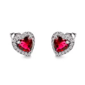Sweet Heart Shape Alloy Rhinestone Earrings with Red Gemstone Center and Sparkling Rhinestones