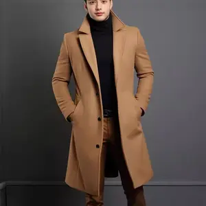 Woolen Coat Men's Mid-Length Solid Color Autumn and Winter Woolen Coat Warm Youth Overcoat Jacket
