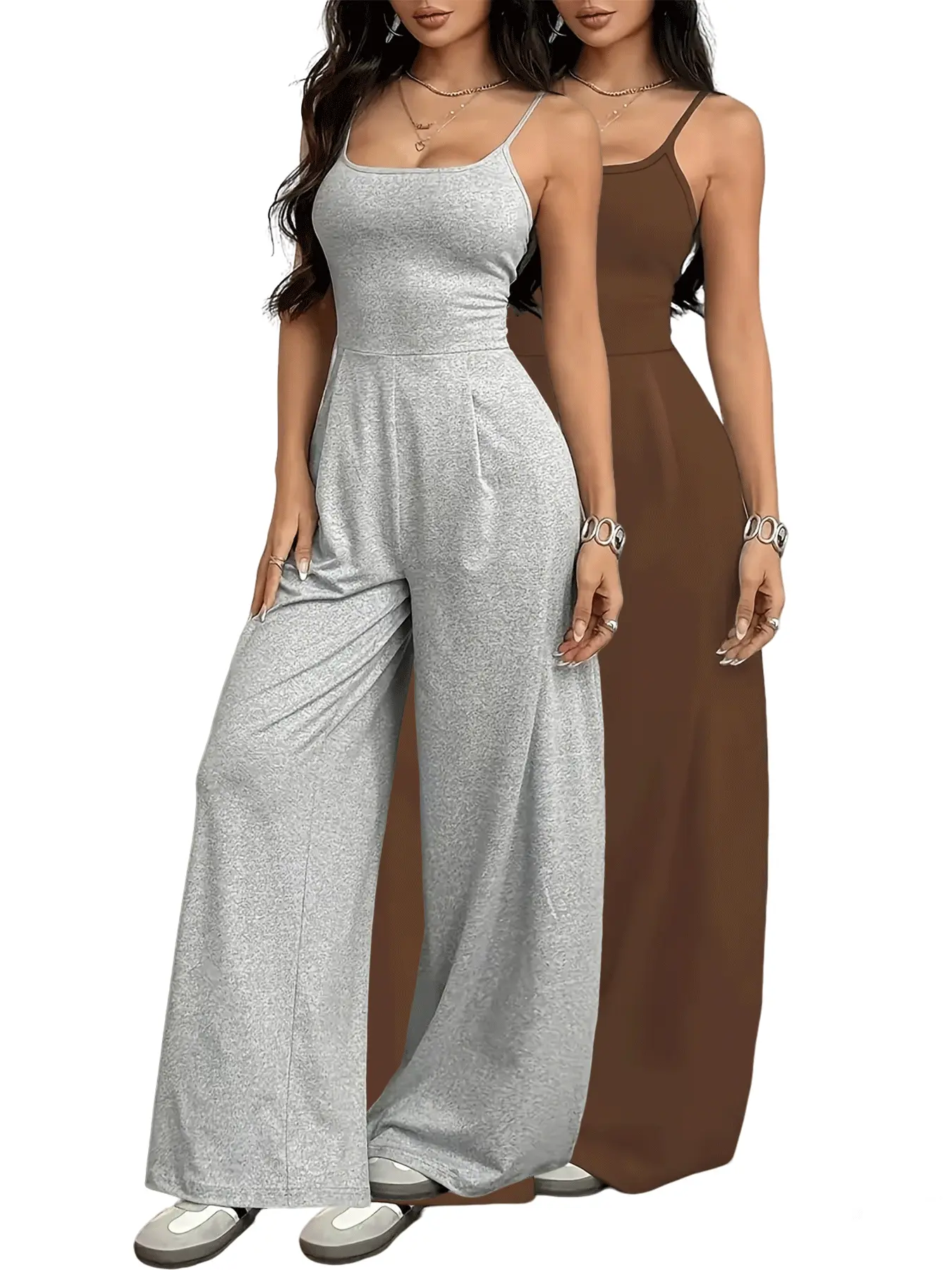(2pcs) women’s casual loose straight ruched jumpsuit, suitable for spring and summer