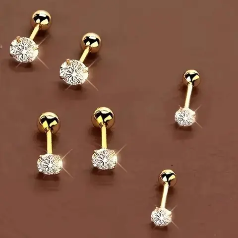 Women's 18K Gold-Plated Stainless Steel Stud Earrings Set (3 Pairs, 6 Premium Sparkling CZ) - Hypoallergenic, Classic Style, Elegant 4-Prong Design Round Ball Jewelry, Birthday Gift