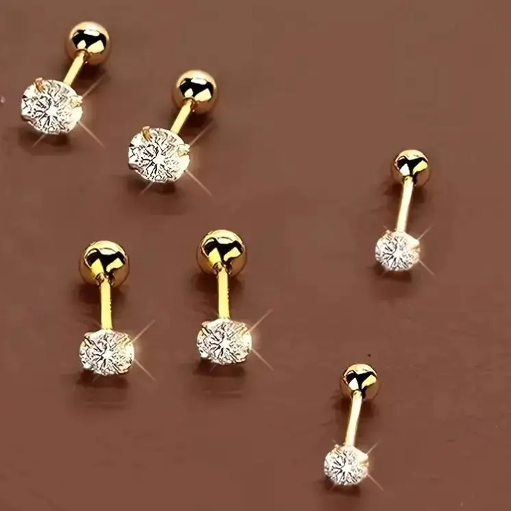 Women's 18K Gold-Plated Stainless Steel Stud Earrings Set (3 Pairs, 6 Premium Sparkling CZ) - Hypoallergenic, Classic Style, Elegant 4-Prong Design Round Ball Jewelry, Birthday Gift