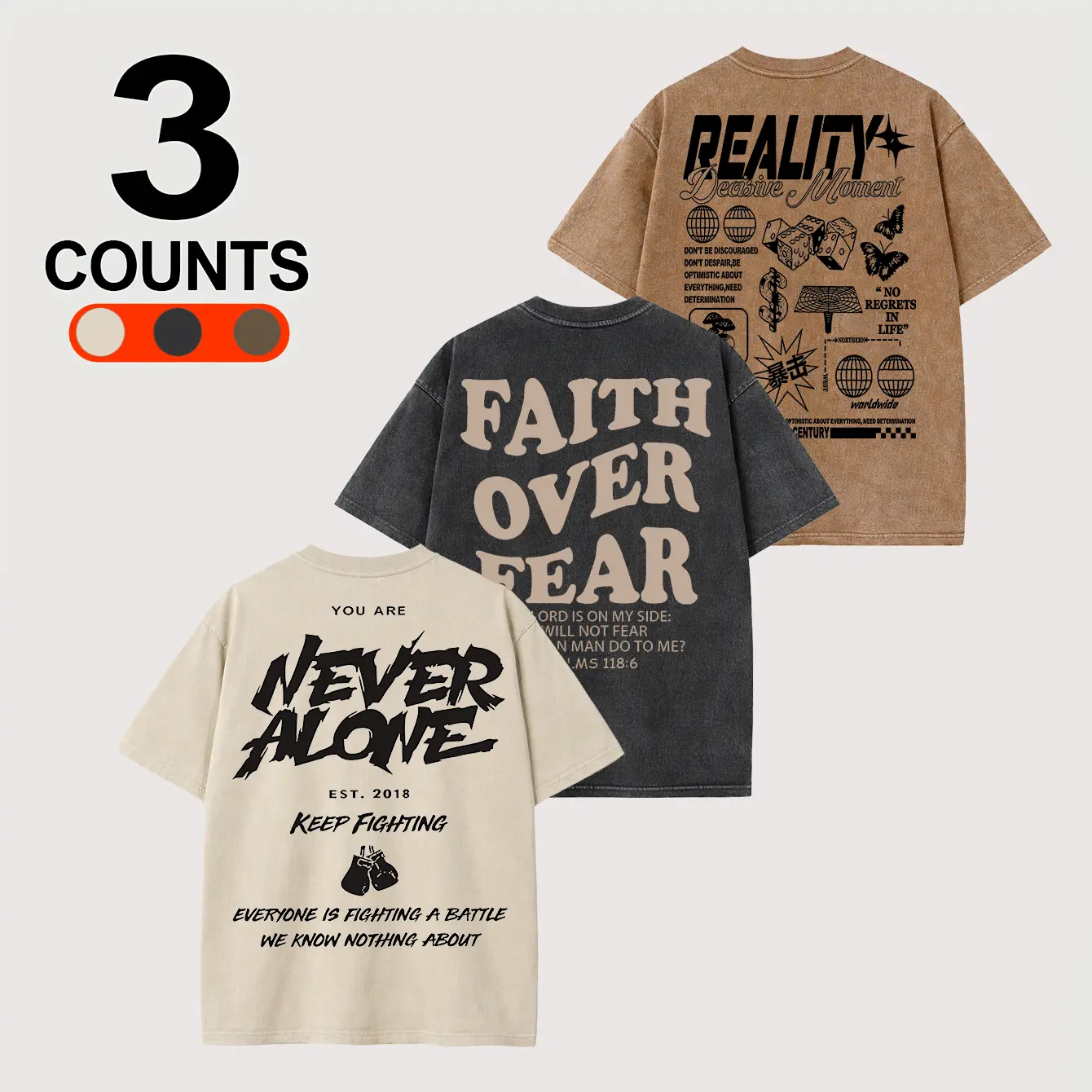 Men's Short-Sleeve 3-Pc Retro Distressed Oversized T-Shirts, Faith Over Fear Never Alone Graphic Tops, 90s Streetwear Aesthetic Casual Menswear, Trendy Y2K Gamis for Men