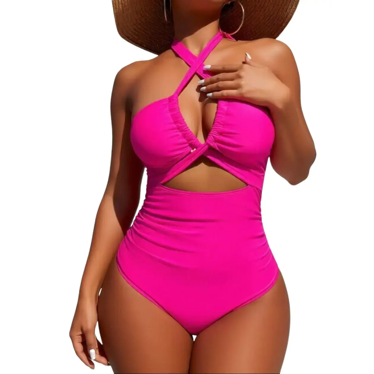 In the summer of 2026, a new fluorescent peach-colored cross-neck one-piece swimsuit with a close-fitting design. Perfect for beach and pool parties. The waistline is slender, suitable for TikTok shopping sharing events., One Piece Swimsuits