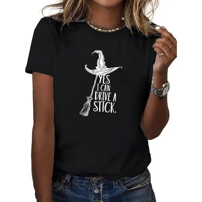 Women's Witch Graphic T-Shirt - "Yes I Can Drive a Stick" Print, Casual Loose Fit Shortsleeve Streetwear Top for All-Season Wear