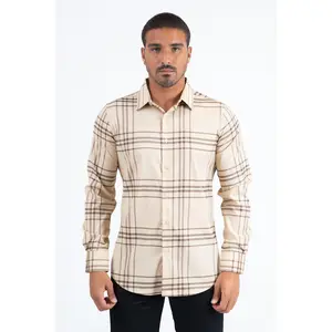 PlatiniMen's Checkered Long Sleeve Khaki/Brown Shirt (CHL11300 Khaki/Brown)