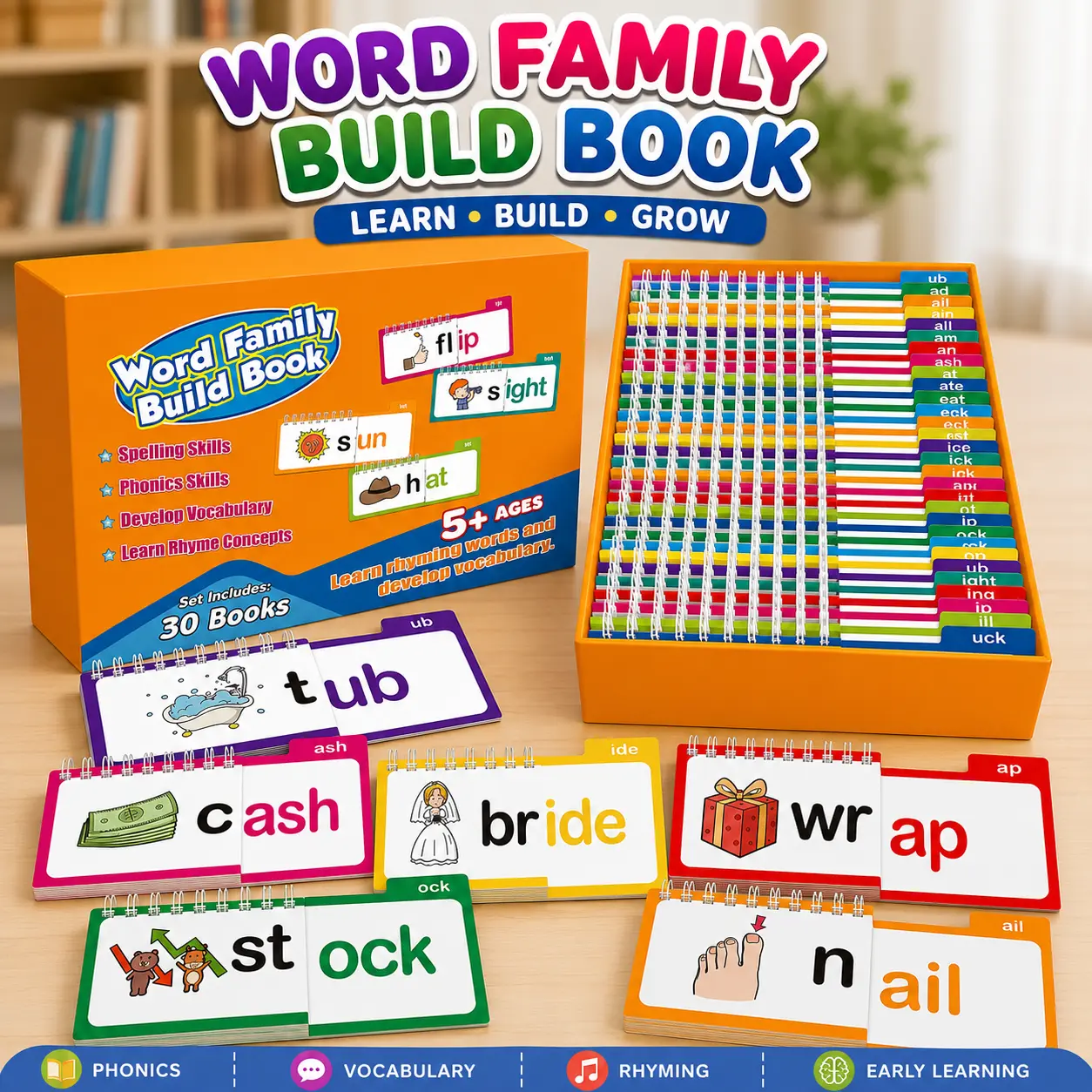 Durable Toddler Language Learning Educational Kit - 30 Read-and-Rhyme Flip Books, Sight Words Flash Cards, ABC Vocabulary Materials for Boho Reading Games