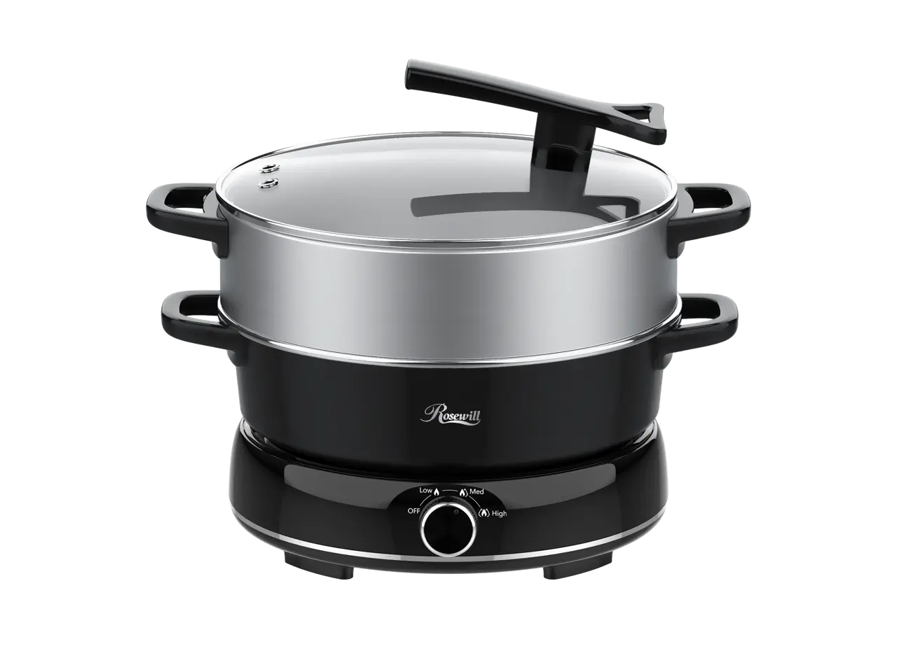 Rosewill 12.7 QT Electric Hot Pot with Multiple Functions, Split Design with 11.8 inch Wider Cooking Pot and SUS Steam Basket, 1600W High Power, Includes Utensils - Black