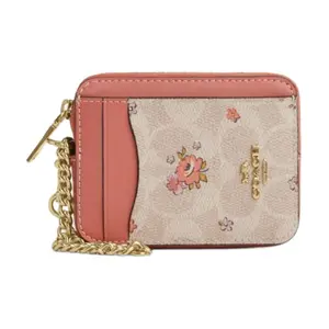 COACH Leather Floral Print Metal Logo Coin Purse and Card Holder for Women in Pink Wallet Wristlet