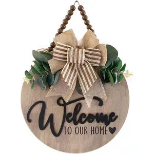 Wooden Hanging Sign for Front Door | 3D Welcome Sign Home/Farmhouse Porch Décor  with Artificial Leaves and Rustic Beads | Christmas Classroom |12" Round Decor Decoration