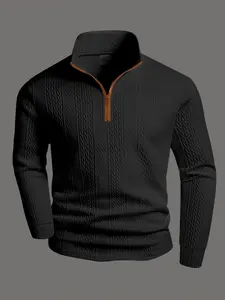 Texture new fabric jacquard pattern men's long sleeved polo shirt thick top zipper stand collar daily casual wear business casual wear