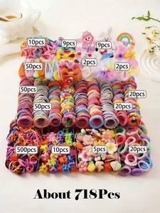 718pcs/Set Girls' Pink Bowknot Hair Clips, Cute Princess Hair Accessories, High Elastic Durable Non-Damaging Hair Ties, Hair Bands, Rabbit Ear Hair Rings, Versatile Duck Clip Barrettes, Suitable For Daily Use