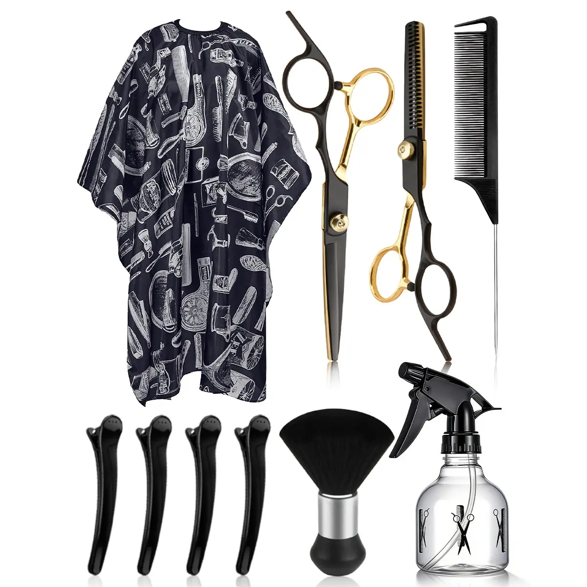 10pcs Hairdressing Tool Set, Hair Tools, Hair Grooming Kit, Heatless, Includes Scissors, Clippers, Trimmers, Barber Apron, Comb, Clips, Spray Bottle, Suitable for Home & Professional Use, Barber Kit, Haircut Kits, Barber Equipment Kit