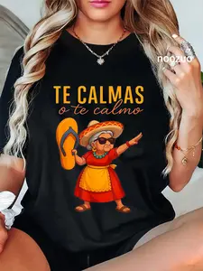Casual Graphic T-Shirt with 'Te Calmas O Te Calmo' Chancla Quote, 100% Cotton Unisex Short Sleeve Round Neck Top for Everyday Wear