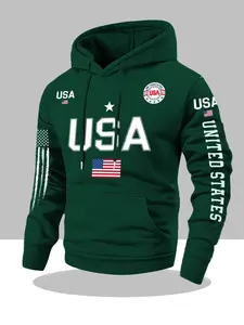 USA flag print hoodie men's fleece sweatshirt, United States letter print unisex casual knit fabric pullover for students and couples fashion hoodie for autumn and winter, 2026 spring pullover hooded sports hoodie