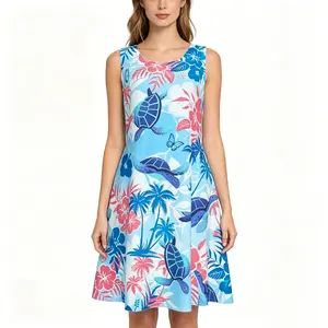 Women Summer Tropical Dress 2026 Sea Turtle Print Sleeveless A Line Sundress Blue Beach Palm Tree Floral Casual Round Neck Knee Length Dress Lightweight Breathable Fabric Vacation Outfit