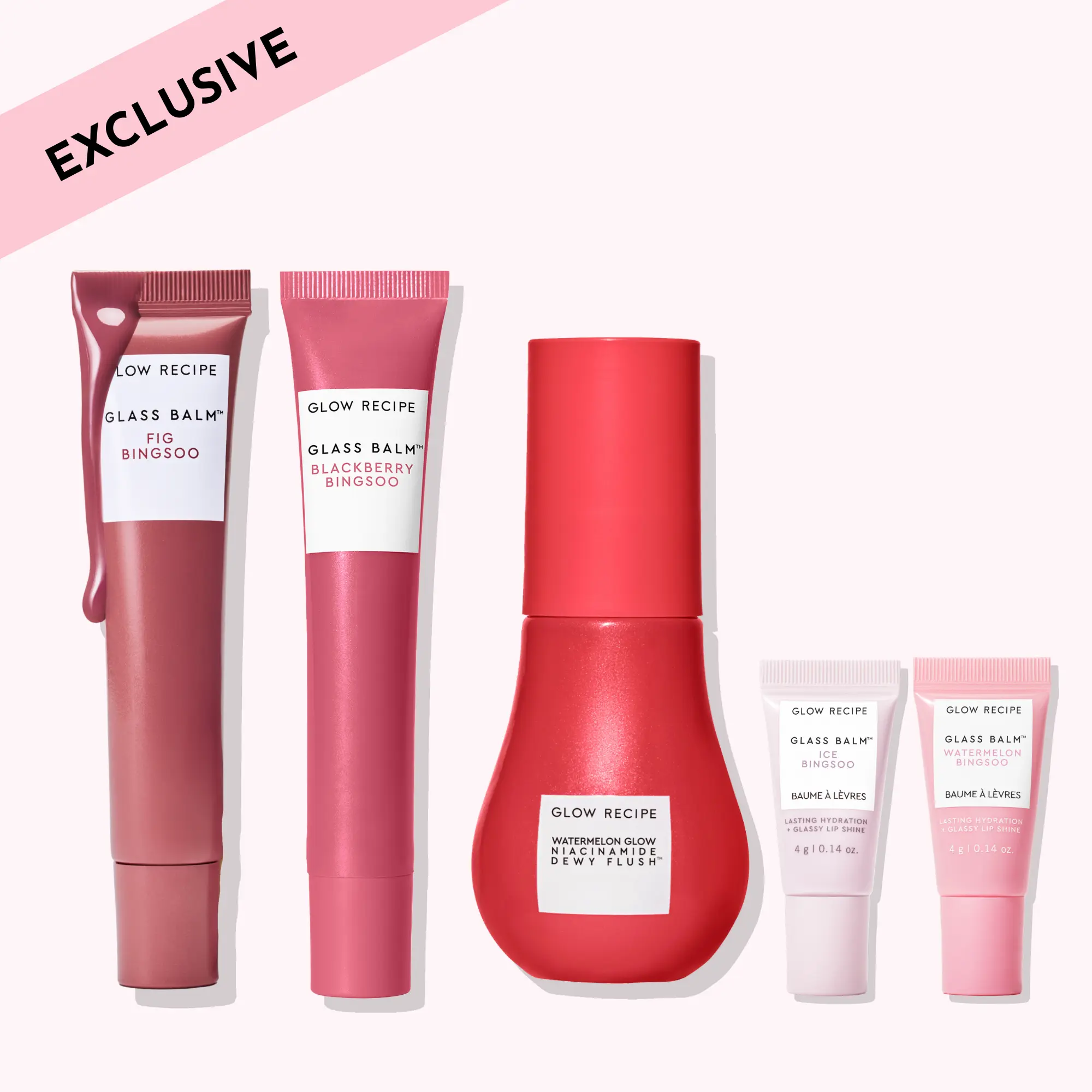 Glow Recipe Korean Dewy Hues TikTok Shop Exclusive Skincare Glossy Cosmetic Set - Watermelon-Infused Gentle Formula, New Fig Bingsoo Glass Lipgloss (Glossy Finish) for Morning Selfcare, Glowup, Gifts for Women, Fresh and Clean, Beauty Bundle Kit, Assorted