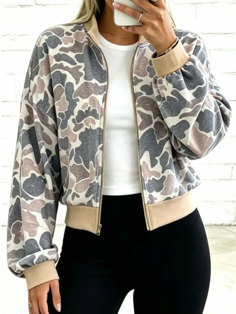 Women’s Camouflage Color Block Zip Bomber Sweatshirt, Stand Collar Long Sleeve Casual Jacket with Ribbed Cuffs, Relaxed Fit Lightweight Pullover for Everyday Wear, Spring and Fall, Tops, Style, Fashion ,Coats