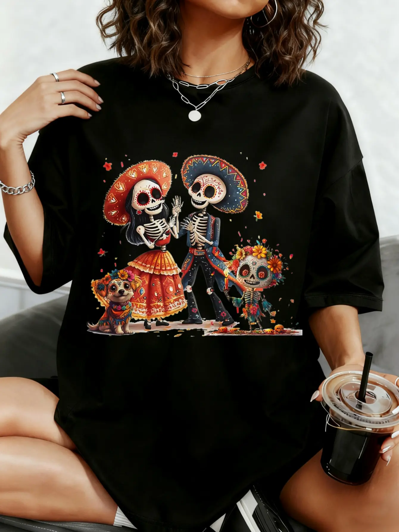 Lady's Casual Everyday Loose Oversize Vintage De Los Muertos La Catrina Day of The Dead Women's Sugar Skull T-Shirt Top