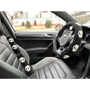 Handmade Crochet Skull Granny Square Car Steering Wheel Covers Universal 14-15 inch for Women and Men (Steer Wheel Cover)