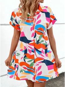 Plus Size Lapel Short Sleeve Shirt Dress, Botanical Print, Loose Curvy Friendly Mini Dress