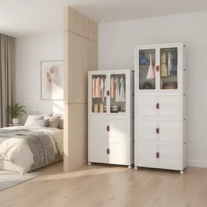 Folding Storage Cabinet with Wheels – Stackable Plastic Organizer Bins with Magnetic Door for Closet, Kitchen, Bedroom Storage