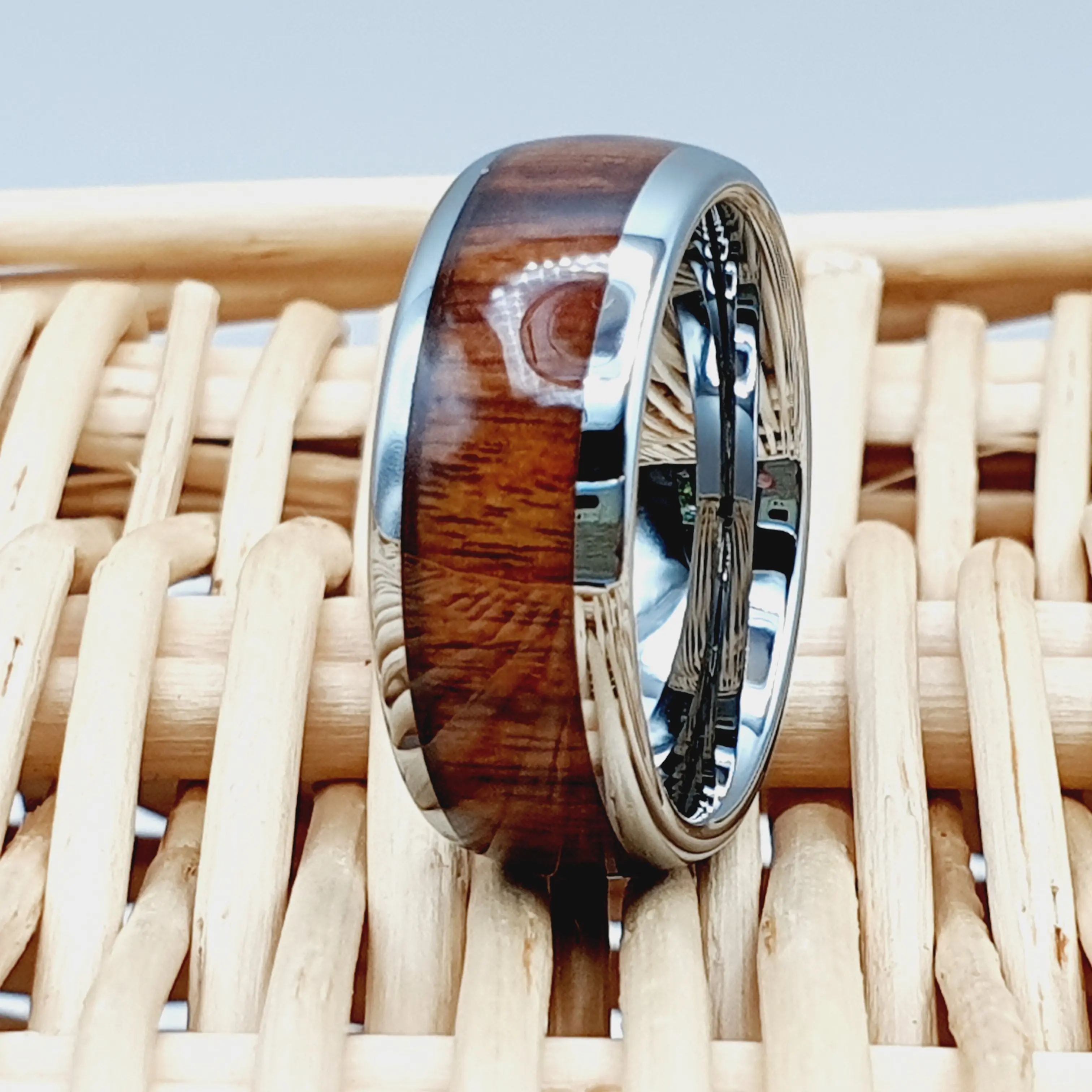 Vintage Hawaiian Koa Wood Wedding Band for Men, 8mm Dome Engagement Ring