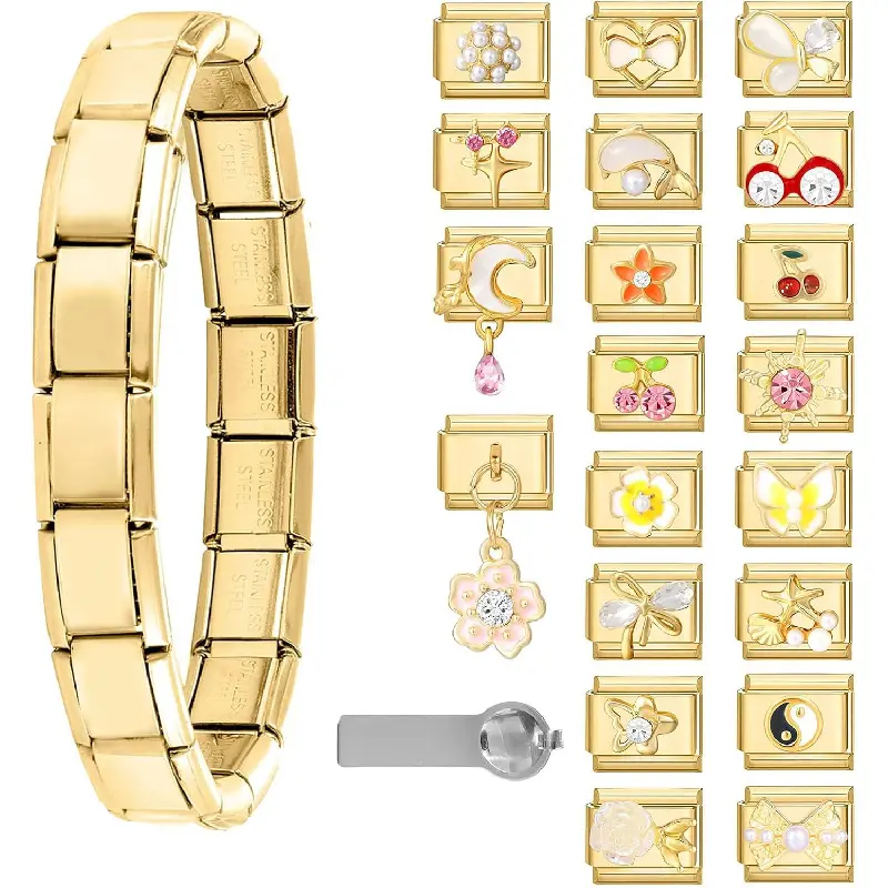 Italian Modular Charm Bracelet Set 1 Starter Bracelet With 9 Pcs 9mm DIY Charms Interchangeable Link Bracelet Customizable Module Jewelry Handmade Gift For Women Girls Daily Fashion Accessory