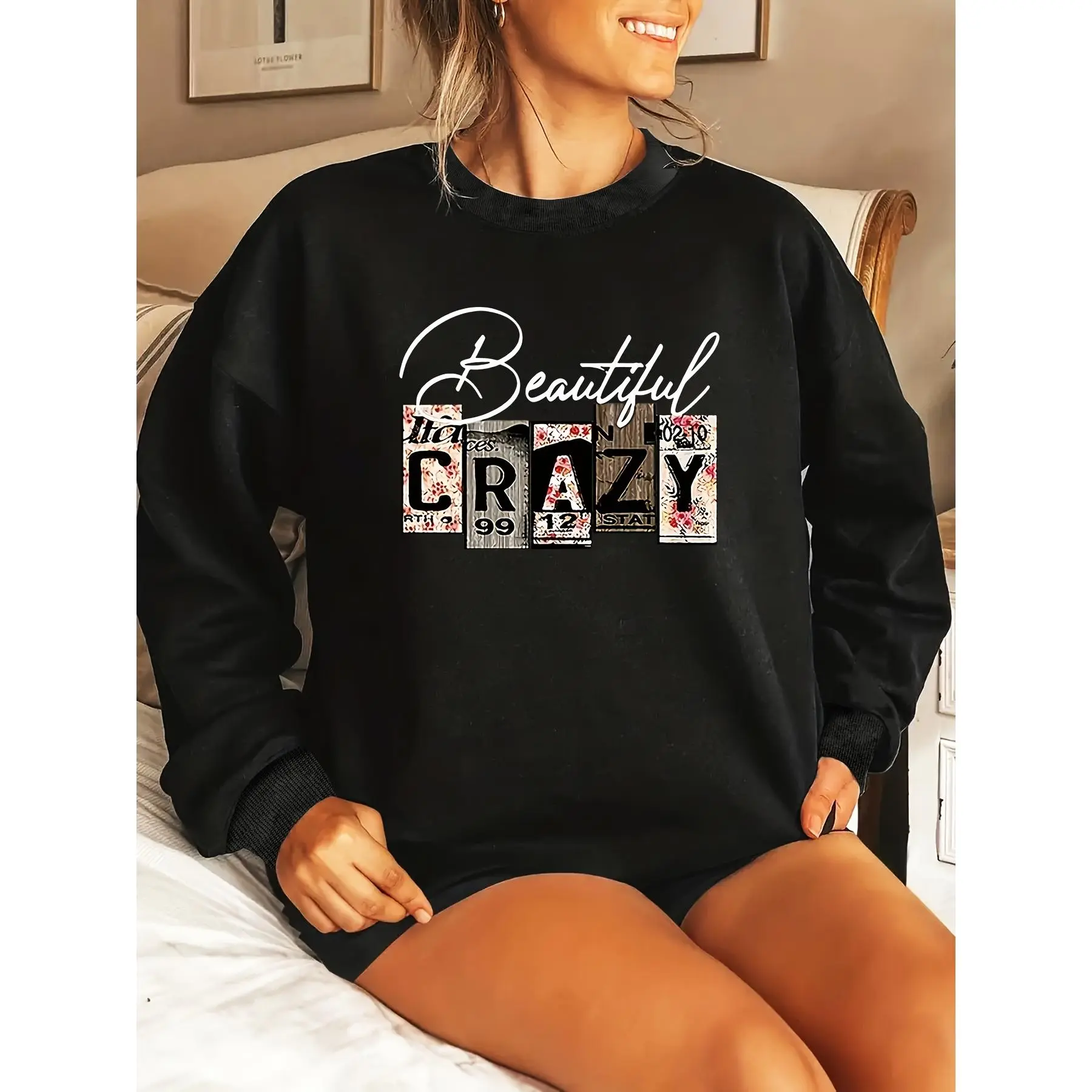 Women's Plus Size 'Beautiful Crazy' Letters Graphic Sweatshirt, Casual Crew Neck (Round Neck) Pull-On Pullover, Relaxed Polyester Knit Loose Fit Top, Machine Washable Stretch Fabric Clothes