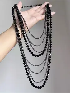Multi-Layer Black Beaded Chain Necklace, Gothic Style Long Layered Black Crystal & Metal Chain Statement Necklace for Women, Layering Necklaces