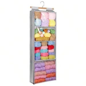 A Hanging Yarn Storage Bag with 4 Large Pockets, a Transparent Knitted Storage Box, Featuring a Zipper Design, Suitable for Crochet Enthusiasts. It Includes a Hanging Yarn Rack with Hooks for The Door, Allowing for The Storage of Knitting Needles, Hooks