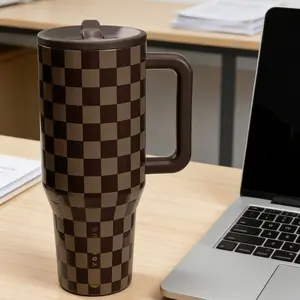 Hydrojug Brown Checkerboard Insulated Tumbler 40 oz - Perfect for Fall/Winter Commute & Office Use daily life drink cup with straw gift elegant valentine racing water bottle easy  drinking girl large capacity holiday