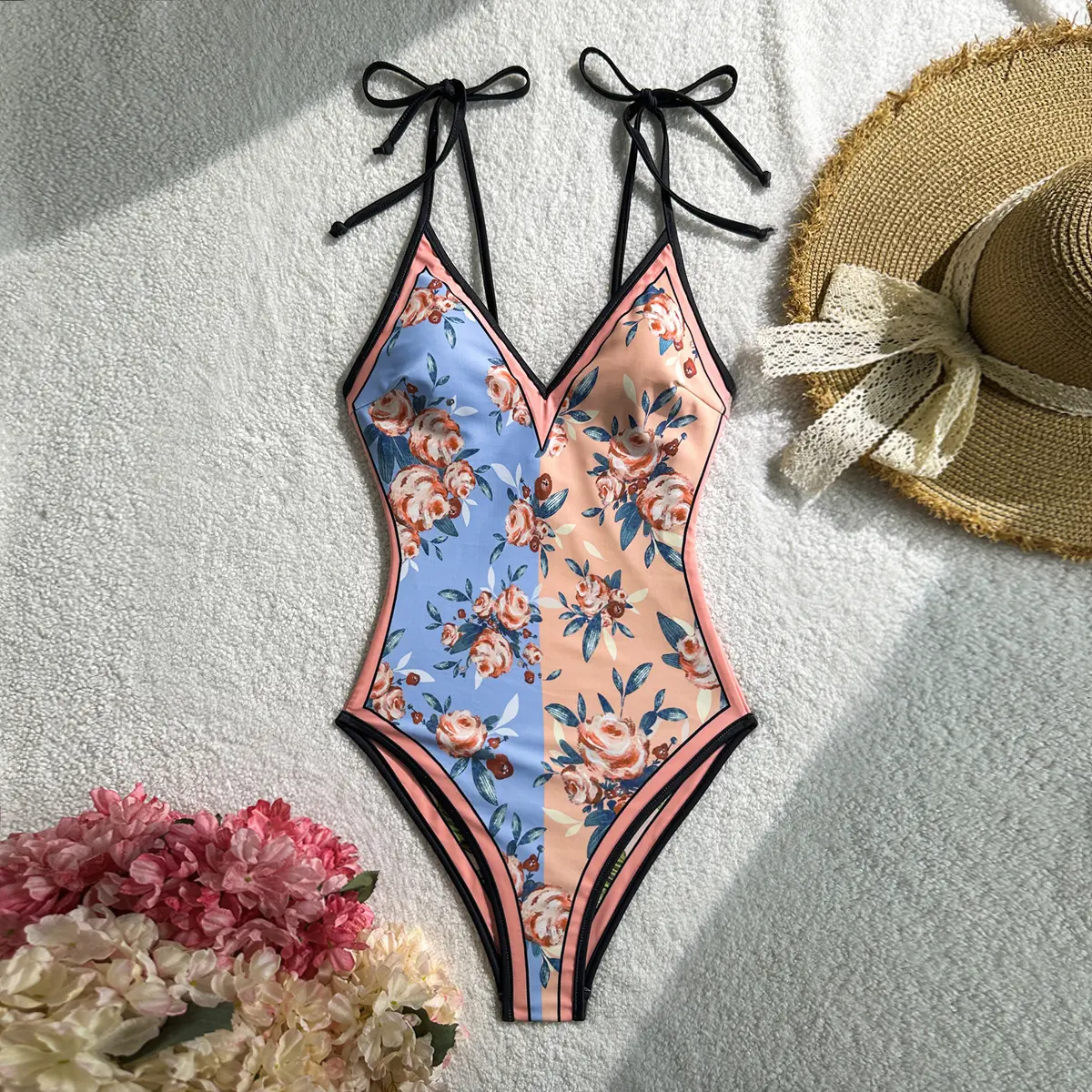 Ladies' fashionable one-piece double-sided printed swimsuit