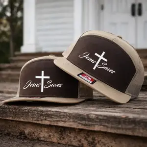 Jesus Saves Embroidered 7 Panel Snapback Hat, Khaki Bottomland Camo Trucker Cap, Christian Faith Hat, Outdoor Gift
