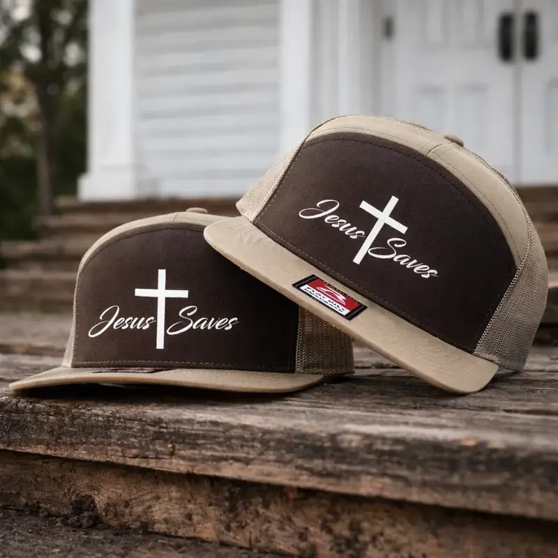Jesus Saves Embroidered 7 Panel Snapback Hat, Khaki Bottomland Camo Trucker Cap, Christian Faith Hat, Outdoor Gift