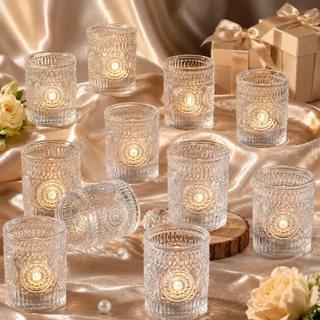 36 Pack Clear Glass Votive Candle Holders, Vintage Embossed Tealight Candle Holders Bulk Set, Sunflower Pattern Glass Candle Cups for Wedding, Home, Christmas, Birthday & Party Table Centerpieces Decor