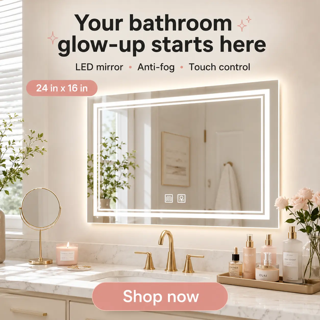SHAMATE Wall-Mounted Smart LED Glass Bathroom Vanity Mirror, 24x16in Horizontal Rectangular, Dual Touch Buttons, Long-Press Brightness Adjustment, Anti-Fog, Polished Light Source, Modern Large Home Decoration Double Fixture