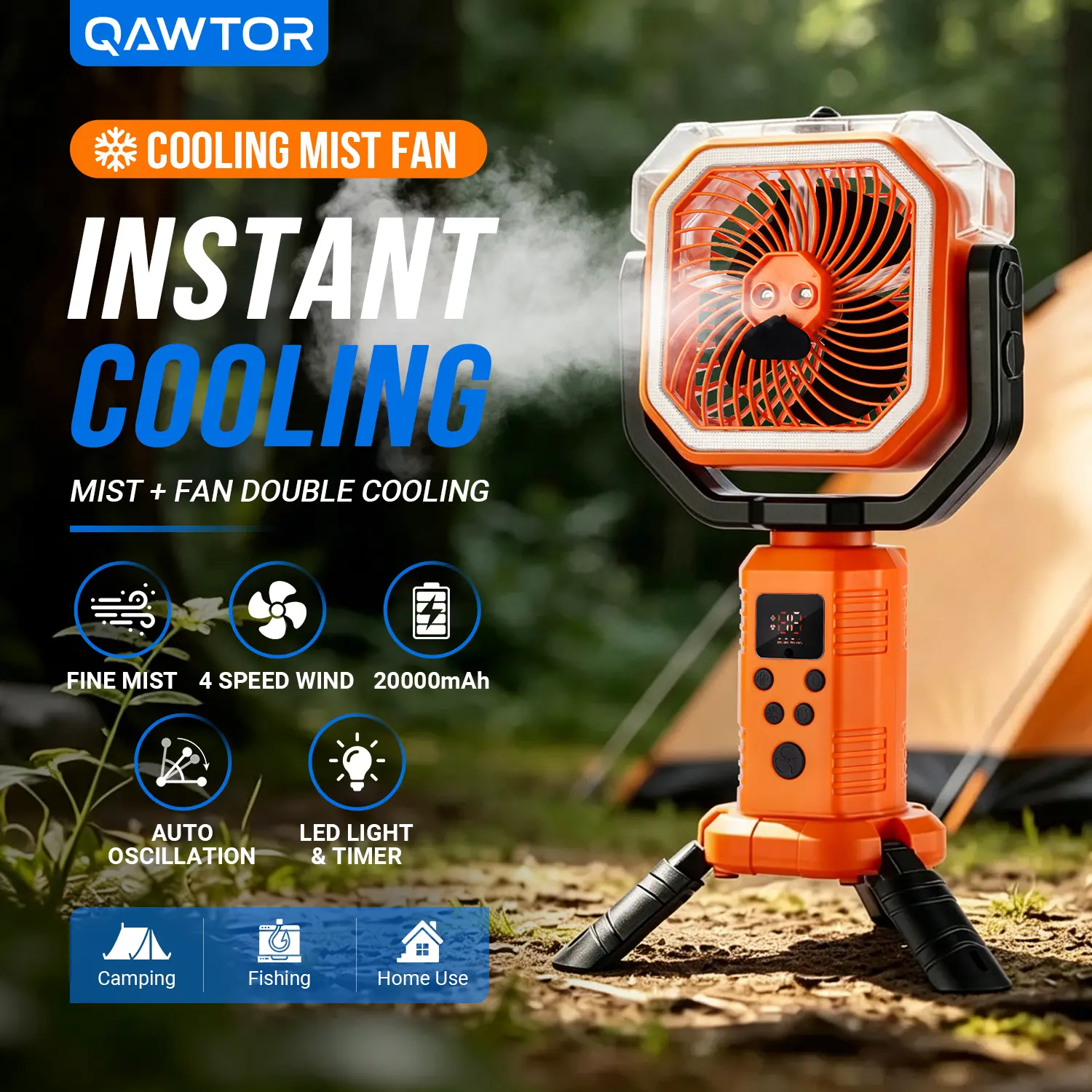 Qawtor Camping Misting Fan – 2026 Upgraded Rechargeable Outdoor Fan with Cooling Spray, LED Light, Tripod Stand, Hanging Hook, Telescopic Pole, Digital Display & Multi-Speed Control  #DealsforYouDays