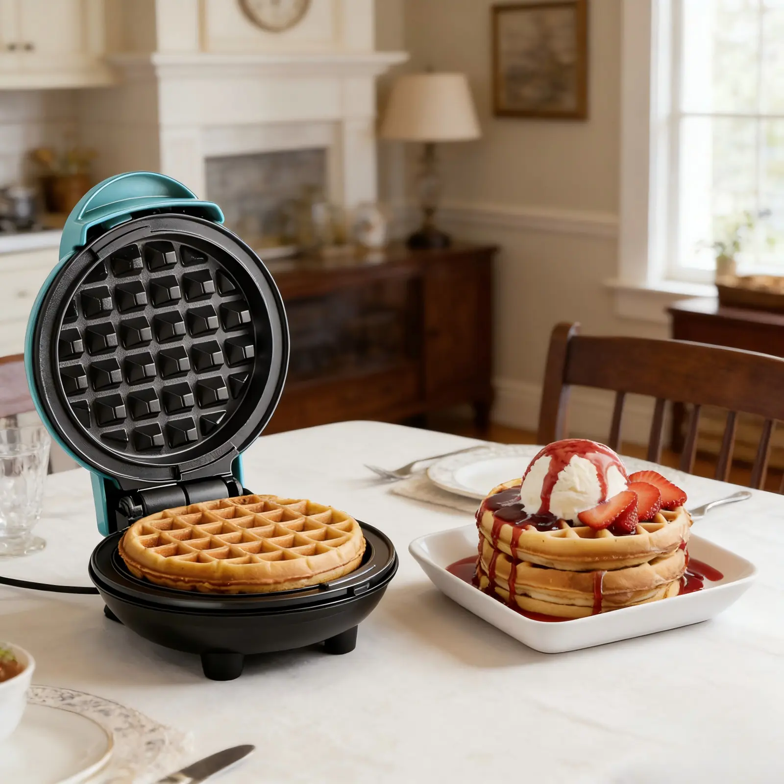 ISUNMEA Electric Nonstick 4.5-inch Mini Waffle Maker, Belgian Waffles, Compact Design, Hash Browns, Keto, Snacks, Sandwich, Eggs, Easy to Clean, Mint Belgian Waffle Machine Waffle Baker Machine