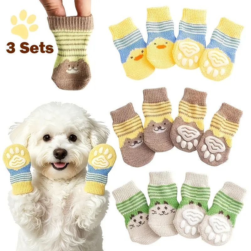 3 Sets / 12 Pieces Cute Cartoon Non-Slip Pet Socks, Breathable Paw Protectors for Dogs & Cats, Helps Prevent Paw Licking, Comfortable Indoor & Outdoor Pet Shoes for All Seasons puppy