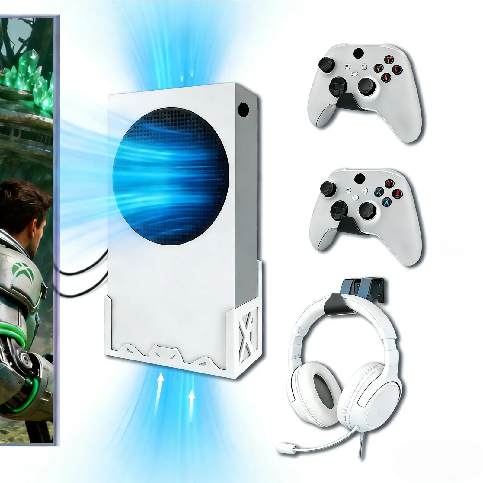 GETYEA Wall Mount Kit for Xbox Series S-Steel Wall Mount Shelf Stand with Game Console Accessories, Gaming Console Accessories, 3 Detachable Controller Holders and Headphone Hooks-Safely Store Your Xbox S Console Near or Behind Your TV