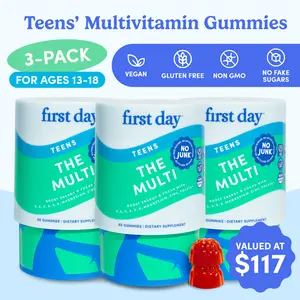 3-PACK First Day Teens Ages 13-17 Multivitamin Gummies - Organic Fruit & Veggie Blend + Vitamins A, B1, B2, B6, E, B12, C, D3 & K2, Zinc & Folate Teen Boy and Teen Girl Gummies Supplement - Organic Multivitamin Gummies for Teens - 90-Day Supply