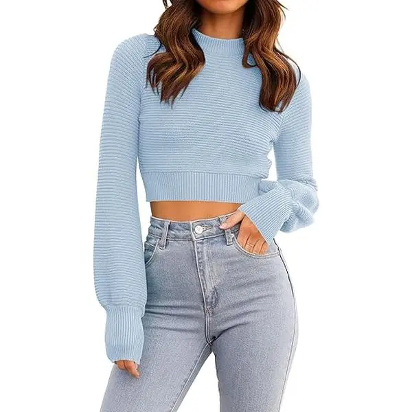 ZESICA Women's 2026 Spring Mock Neck Long-Sleeve Knitwear Sweater - Short-Length Soft Ribbed Elastic Stretch Soft Fabric Pullover Top for Casual, Business Use
