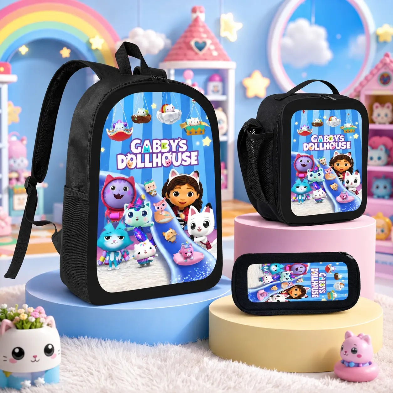 Gabby's Dollhouse Backpack Set 3PCS Cute School Backpack Lunch Bag Pencil Case Aesthetic Bookbag for Girls Teens Backpacks for School Women Men Lightweight Travel Casual Backpack Set Gift