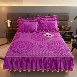 Elegant Floral Pattern Milk Velvet Bedskirt Set, Includes One Bedskirt and Two Pillowcases, Non-Slip Mattress Protector, Warm Soft, Decorative Bedding Set