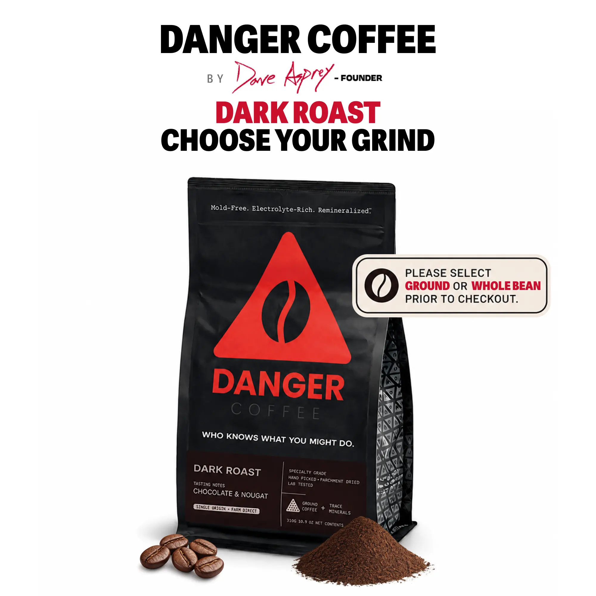 Danger Coffee by Dave Asprey – Dark Roast – Select: Ground or Whole Bean | Mold-Free, Lab-Tested, Remineralized with 50+ Trace Minerals, Specialty Grade Arabica, Farm-Direct, 10.9 oz (310g)