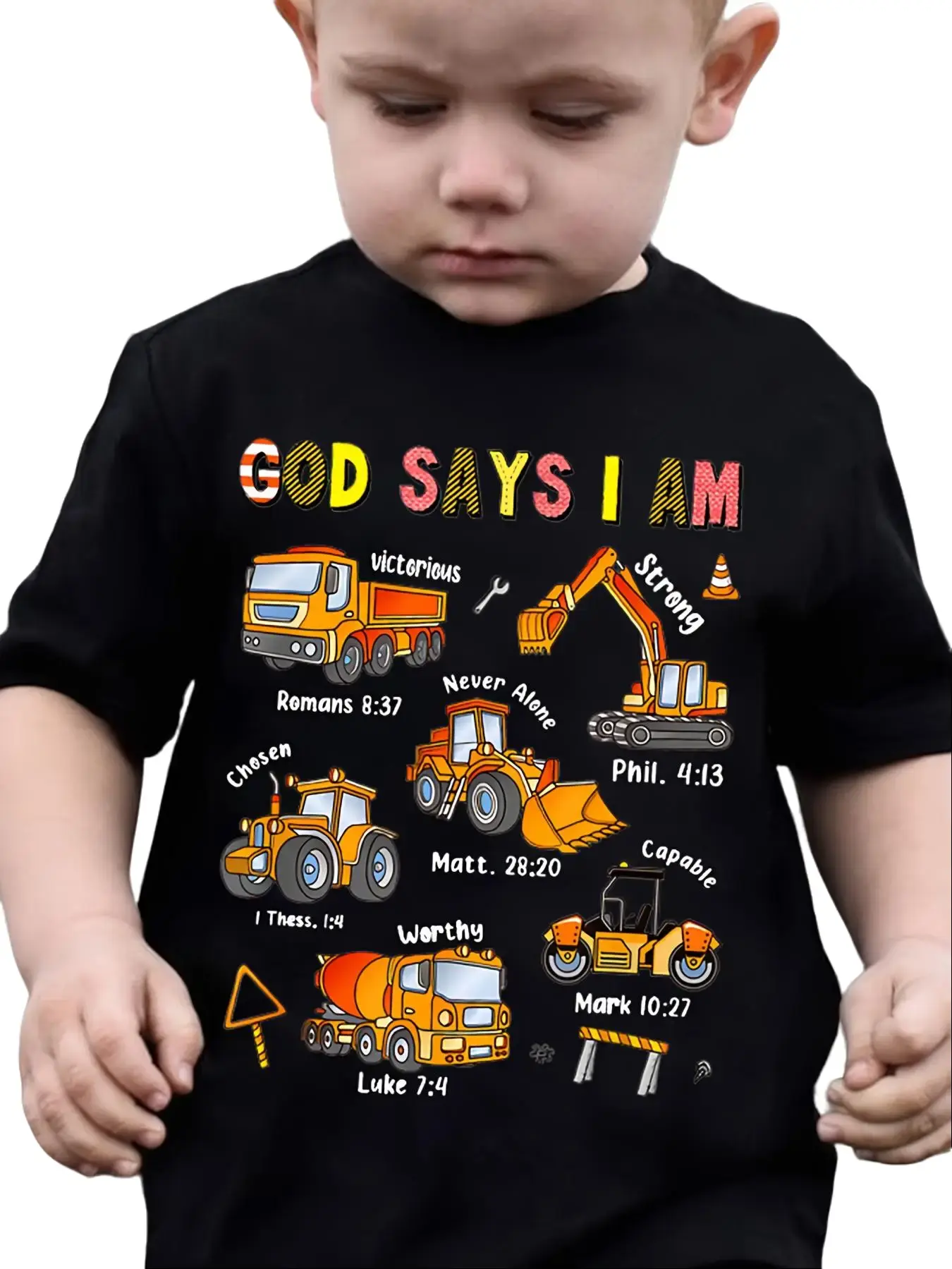 Toddler Boys' Cotton Blend Graphic T-Shirt - God Says I Am, Construction Truck, Bible Verse, Kid-Friendly Christian Outfit, Cotton Casual Tee