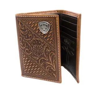 Ariat Men's Trifold Wallet - Tan Leather, Basket Weave Embossing, Floral Embossing (Style A3564108), Men's Accessories, Mens Gifts, Embossing Men's Wallets, Fashion Men's Wallets