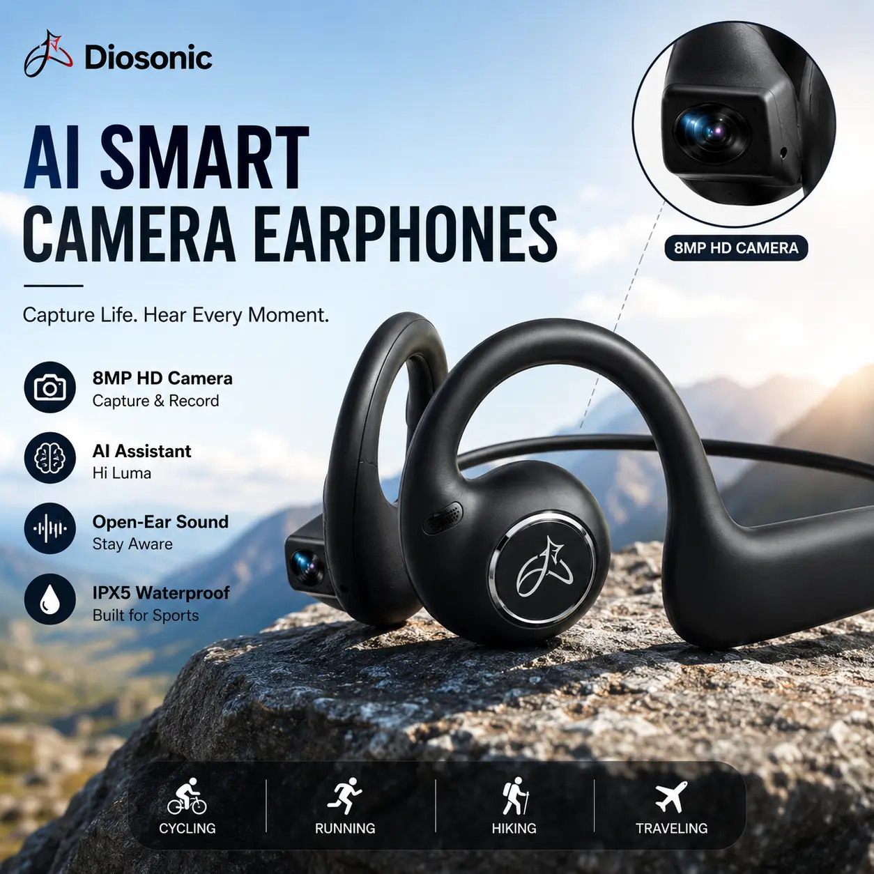 DIOSONIC New AI Smart Camera Headphone - Bluetooth 5.3 Wireless Earbuds, 13MP Camera, 1080P Video, Wi-Fi Transfer, Magnetic Charging, Audio Recording, Instant Connection, IP56 Rated, Box + Pouch for Cycling, Outdoor Sports