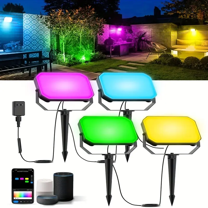 Smart RGBIC Outdoor Flood Lights (4-Pack), 50 Scene Modes LED Landscape Lighting with App Control, All-Weather Yard Decor