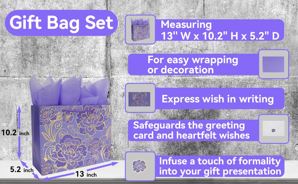 Mother's Day 13" Large Rose Purple Gift Bag Set with Greeting Card and Tissue Paper for Women or Girls for Celebrating Birthdays, Mother's Day, Valentine's Day, Weddings, Anniversaries